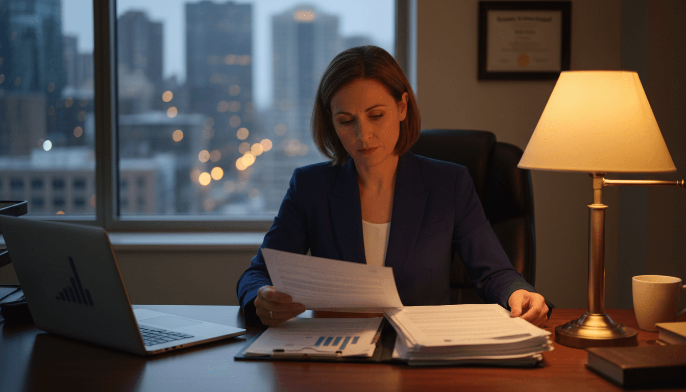 Insurance agent reviewing policy documents at desk
