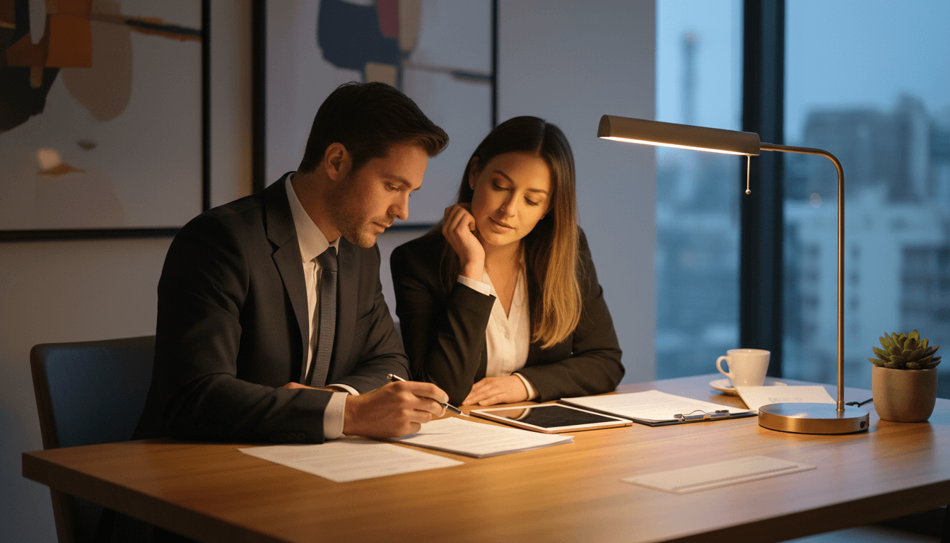Insurance agent helping client with coverage options at office desk