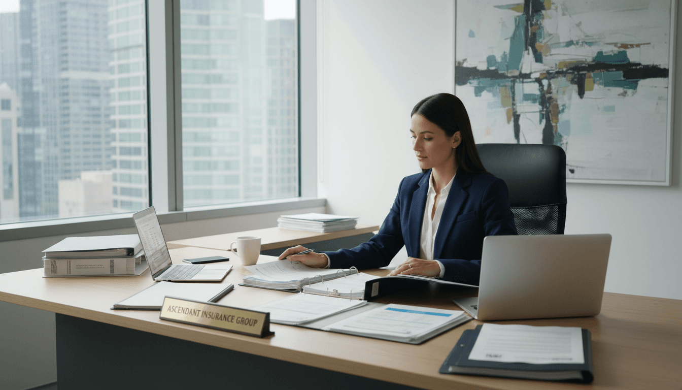 Insurance agent reviewing coverage options at desk