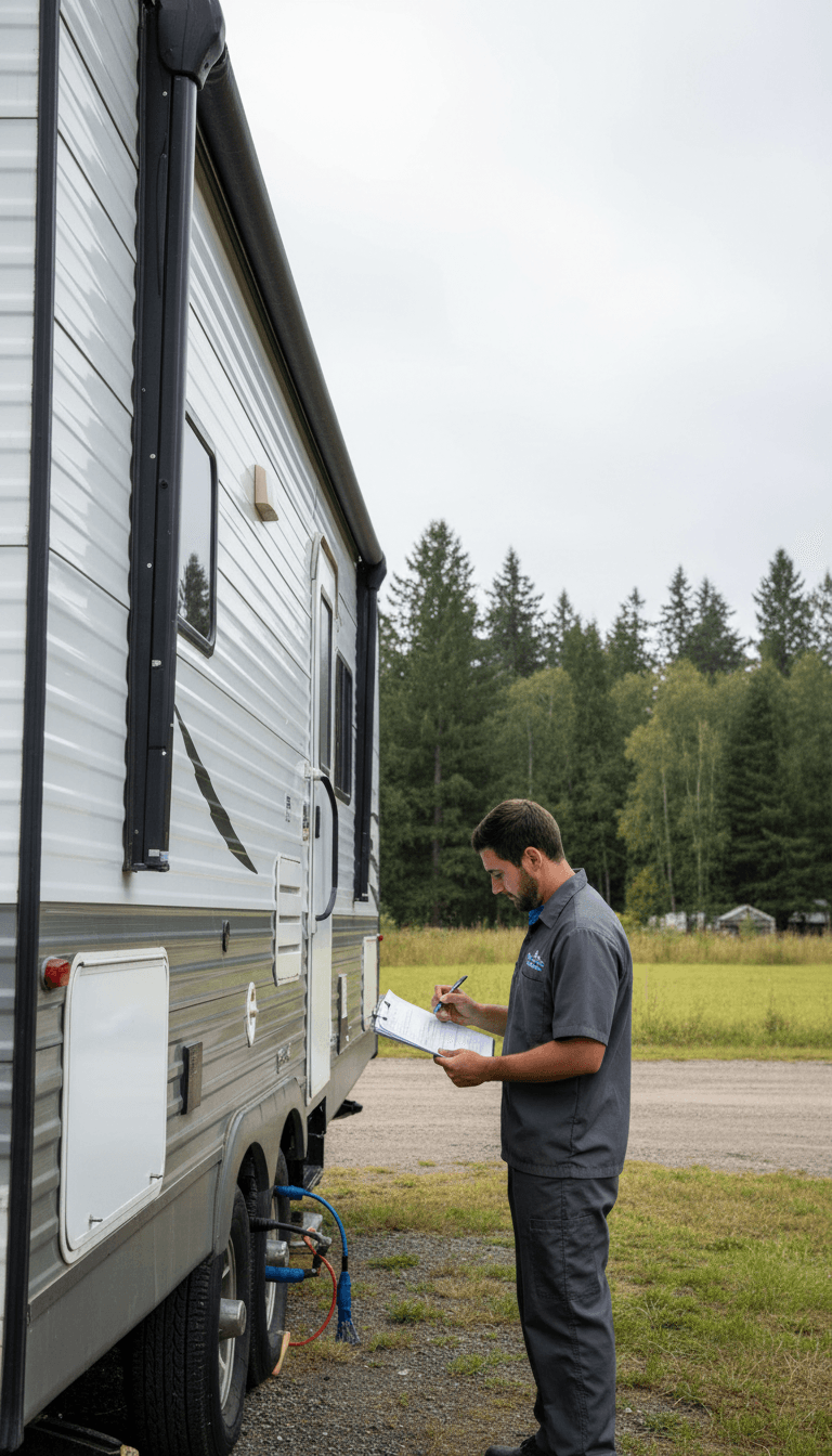Professional technician in work uniform performing site inspection beside travel trailer during maintenance visit