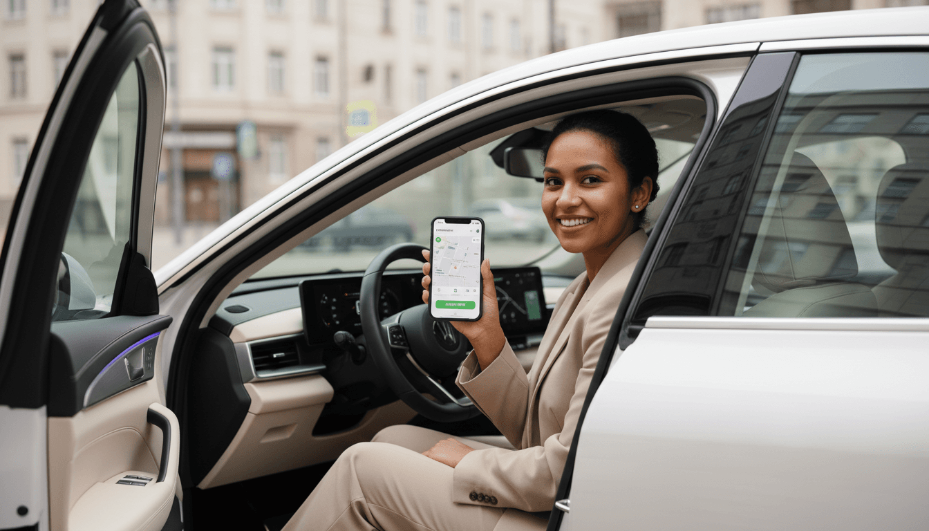 Confident diverse female driver in sedan viewing roadside assistance app on smartphone, bright daytime urban setting