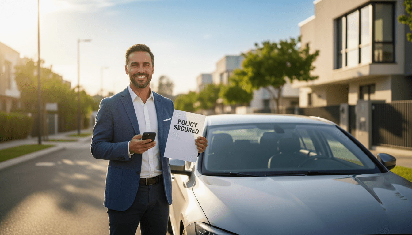 Confident driver standing beside vehicle in sunny residential neighborhood, representing automotive insurance protection